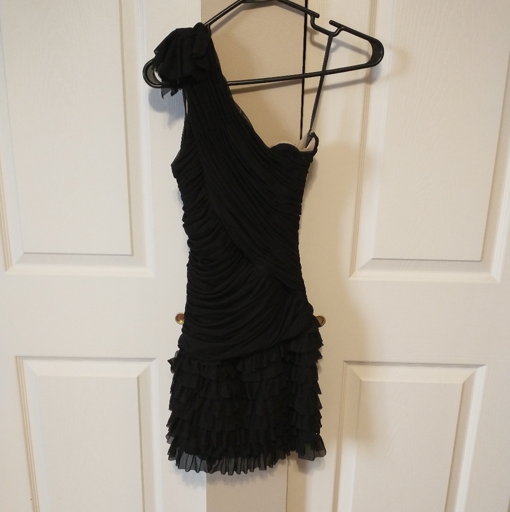 VINTAGE - BEBE MESH ONE SHOULDER RUCHED MINI DRESS (XS/S)